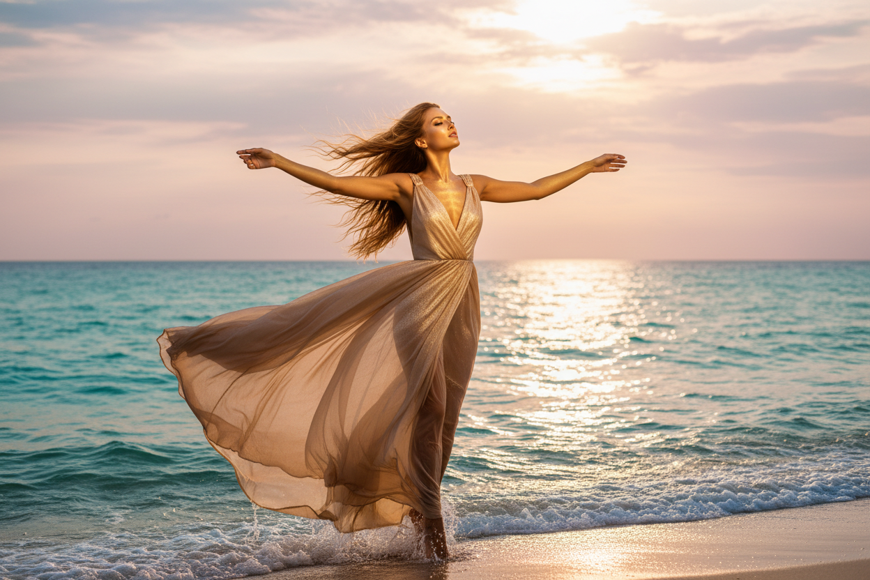 Modern Glow - Radiant Woman by the Ocean